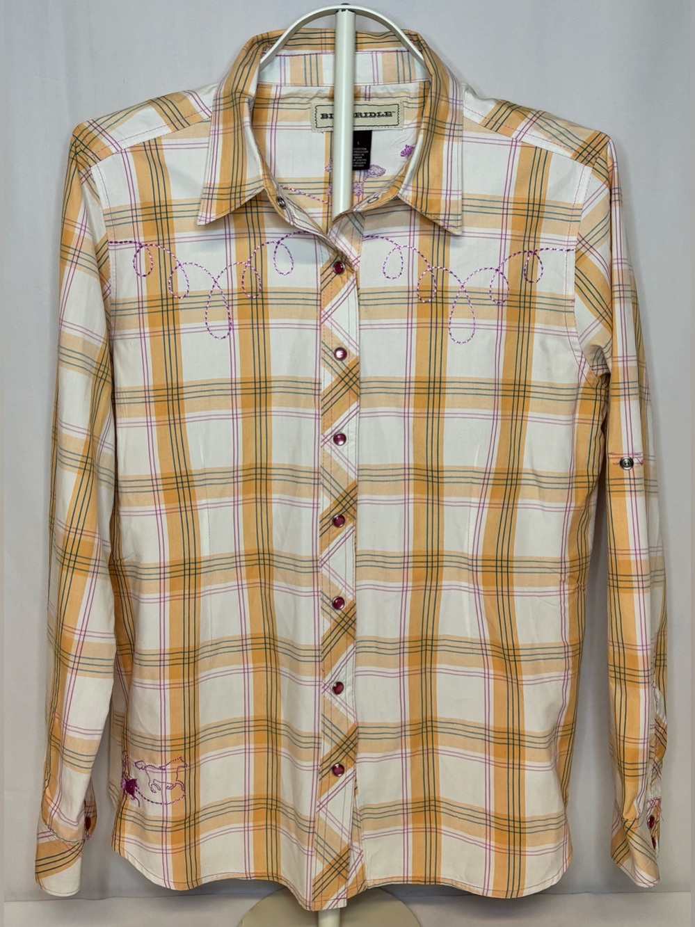 Bit & Bridle Plaid Western Pearl Snap Shirt Large L Embroidered Horse Cowgirl